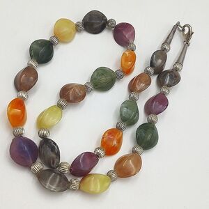 Colorful Hand Crafted Faux Marble and  Silver Accent Beaded  Necklace